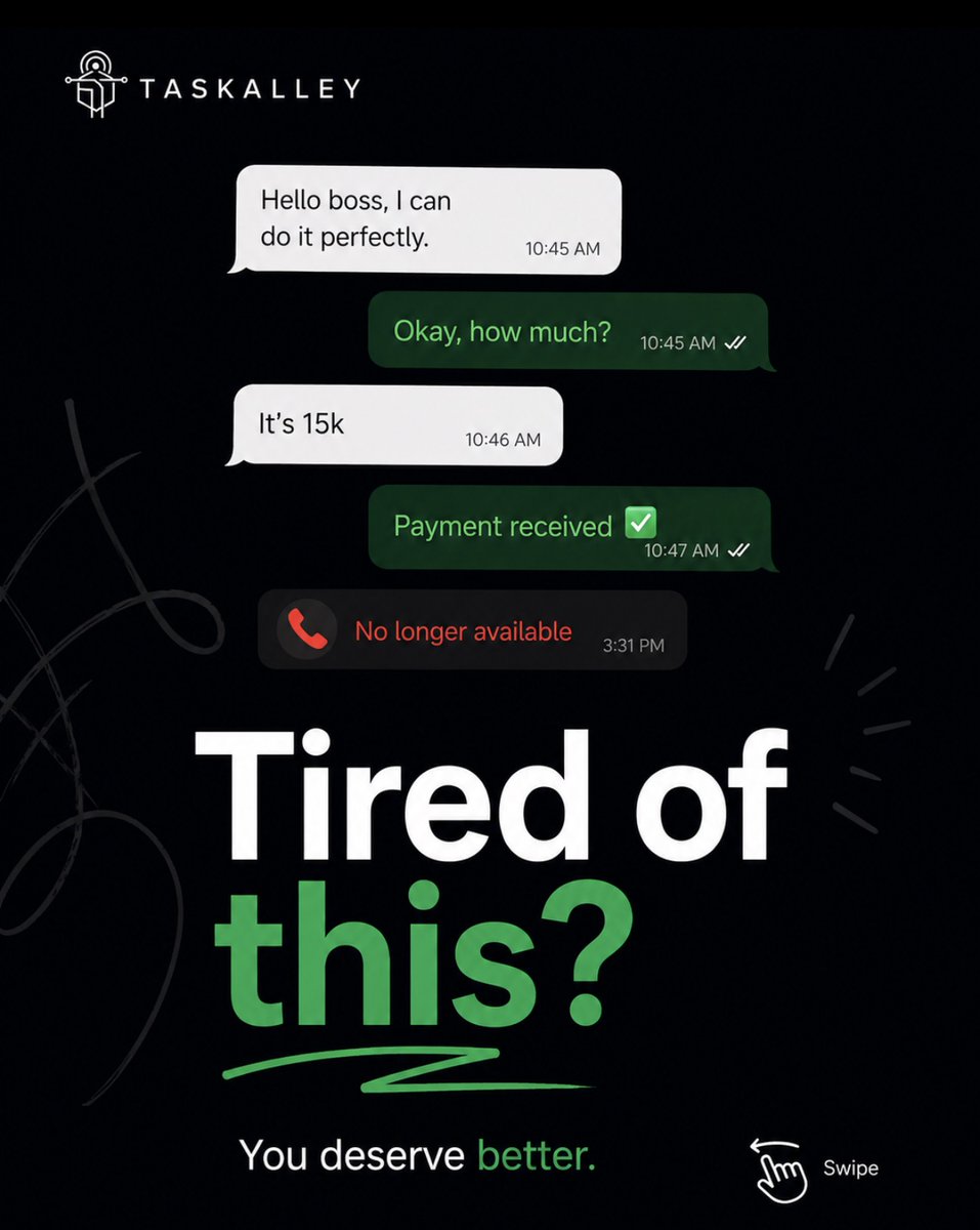 TaskAlleyHQ's tweet photo. “Tired of paying and hearing ‘I’m on my way’… only to get ghosted?”

That’s exactly why TaskAlley exists.

Verified professionals.
Real reviews.
Secure transactions.

Where verified meets reliable. 💚

#TaskAlley #NaijaTech #Freelancers https://t.co/coiwD9areY