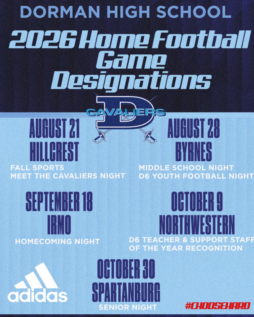 DormanFootball's tweet photo. 2026 Home Football Game Designations!  We can't wait to see you in Cavalier Stadium this fall! https://t.co/CkZoHpE4gi