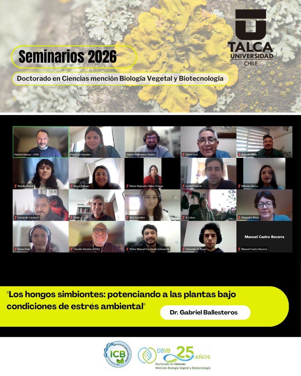 dbvb_utalca's tweet photo. 🌳Les compartimos un registro de la charla online realizada ayer, en el marco del Ciclo de Seminarios del año académico 2026 del programa DBVB 🌱En esta oportunidad, se realizó la #charla: "Los hongos simbiontes: potenciando a las plantas bajo condiciones de estrés ambiental". https://t.co/2DzC8uCXkD