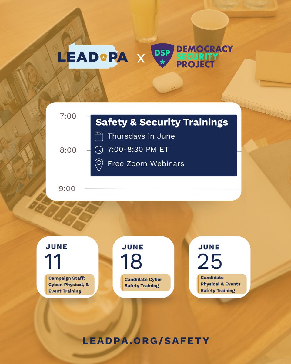 lead_pa's tweet photo. 🗓️ JUN 2026: THURSDAYS

Free &amp; Virtual for Candidates, staff, &amp; campaign teams!

🛡️ Safety &amp; Security Trainings
🔗 https://t.co/pgBeciPv0k

> Practical and pragmatic solutions to address physical, cyber, and event vulnerabilities &amp; threats 

> In partnership w/ @DemocracySecPro https://t.co/dJNVAMA0i9