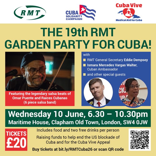 CubaSolidarity's tweet photo. 🇨🇺The 19th RMT Cuba Garden Party 
Wed 10 June, 6.30pm
Maritime House, SW4 0JW 

Featuring the legendary salsa beats of
Omar Puente &amp; Raices Cubanas

🗣️Eddie Dempsey @RMTunion 
@IsmaraWalter &amp; guests

£20 (inc food+2 drinks)
Fundraising 4 Cuba Vive Appeal 
https://t.co/pfYgh3Kb8z https://t.co/WIE63ObevQ