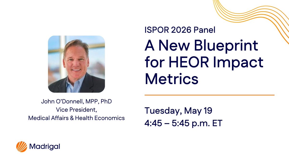 MadrigalPharma's tweet photo. Next week, we will be onsite at ISPOR 2026 hosted by @ISPORorg. Our Vice President, Medical Affairs & Health Economics, John O’Donnell, will speak on a panel about the real-world challenges of demonstrating HEOR’s impact and how the field can strengthen its visibility with decision-makers. Learn more: https://t.co/PUV1lsg7T8

#ISPORAnnual