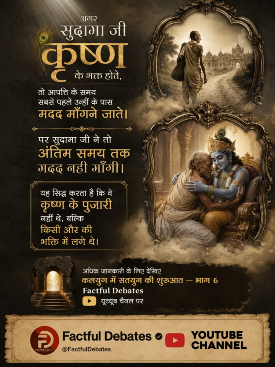 amar_khandey's tweet photo. #सुदामा_कृष्णजीके_भक्त_नहींथे
अगर सुदामा जी कृष्ण के भक्त होते, तो आपत्ति के समय सबसे पहले उन्हीं के पास मदद माँगने जाते। पर सुदामा जी ने तो अंतिम समय तक मदद नहीं माँगी। यह सिद्ध करता है कि वे कृष्ण के पुजारी नहीं थे, बल्क
Factful Debates Yt Channel
⤵️
https://t.co/Z34c7CtDB5 https://t.co/z77myKVdmh