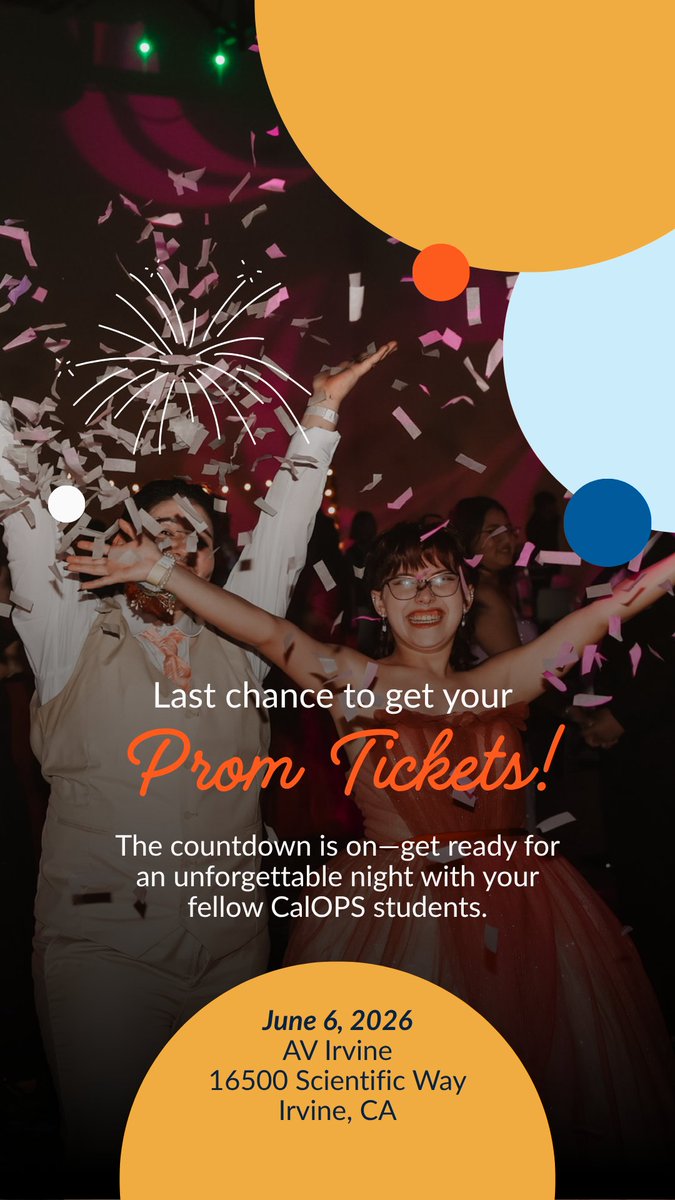 cal_ops's tweet photo. Prom is almost here 💃🕺 Last chance to get your tickets! Music, dancing, and unforgettable memories await — we’ll see you there. Learn more: https://t.co/MEEspH78U0 #CalOPS #Prom2026 https://t.co/dygSUns4FC