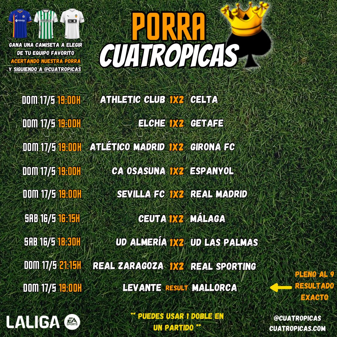 cuatropicas's tweet photo. ♠️♠️♠️♠️

Vamos con la #Porra4Picas 🎯 de esta semana.

Acierta los 9 resultados y gana una camiseta 👕🎁 a tu elección. 

Recuerda: 8 resultados a 1X2 🎲 (puedes usar un Doble) y el "Pleno al 9" con el resultado exacto 🧐 https://t.co/wZzZZ8944g
