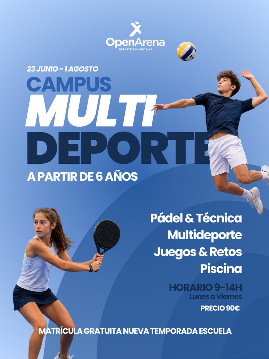 Open_Arena's tweet photo. 🎾👦 CAMPUS MULTIDEPORTE 👧⚽

▶️ Desde 6 años.
▶️ Pádel, multideporte, juegos y retos. Incluye piscina y tiempo para merendar.
▶️ Semana: 90,00 € / 2º hermano/a: 85,00 € / Día: 25,00 €.
🔽🔽🔽
https://t.co/E4LShn3PcP

#openarena https://t.co/xfr0jPg4ln