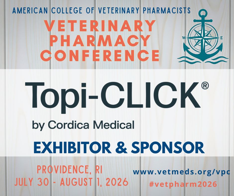 ACVPOrg's tweet photo. Excited to welcome Topi-CLICK to the 2026 Veterinary Pharmacy Conference 🐾

Thank you for supporting veterinary pharmacy education as an exhibitor and CE Sponsor at VPC 2026 in Providence!

#VPC2026 #VeterinaryPharmacy https://t.co/MN4aia16iE