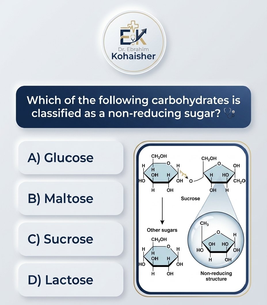 LabNotes_7's tweet photo. سؤال طبي⁉️
أيُّ الكربوهيدرات التالية يُصنَّف على أنه سكر غير مختزل (Non-reducing sugar)؟🩺
A) الجلوكوز (Glucose)
B) المالتوز (Maltose)
C) السكروز (Sucrose)
D) اللاكتوز (Lactose)
#LabNotes https://t.co/kjsVQOug3C