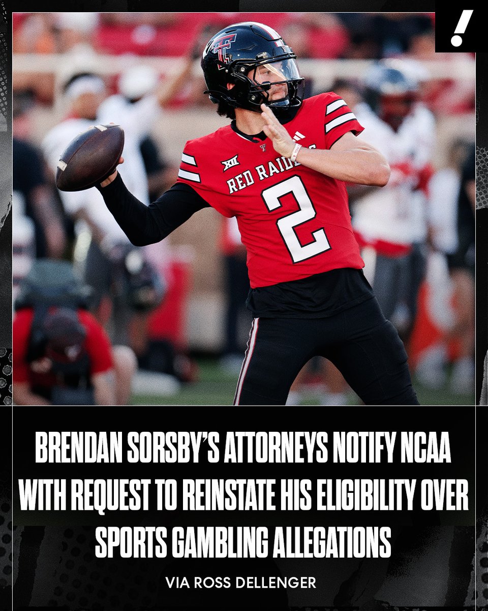 YahooSports's tweet photo. Attorneys representing Texas Tech QB Brendan Sorsby have notified the NCAA with a request for an expedited resolution to reinstating his eligibility over sports gambling allegations and informing the association that a legal challenge is imminent, per @RossDellenger. https://t.co/bXReehHZ2e
