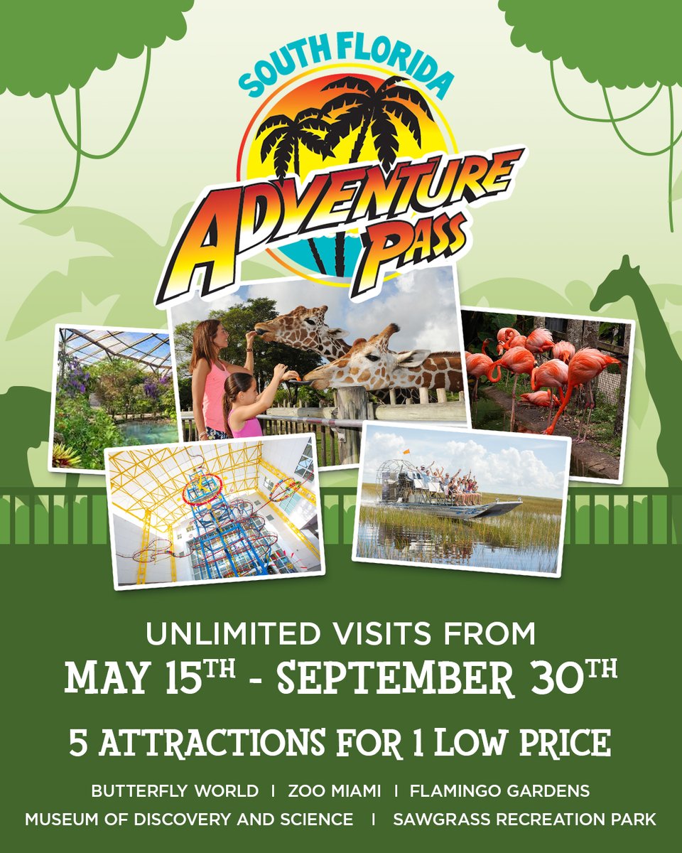 zoomiami's tweet photo. Explore Zoo Miami, Museum of Discovery and Science, Butterfly World, Sawgrass Recreation Park, and Flamingo Gardens for an unbeatable low price with the South Florida Adventure Pass!

Zoo Miami members SAVE and get $10 off.
Visit https://t.co/4LGa5dtZRJ. https://t.co/oOXGR98kd1