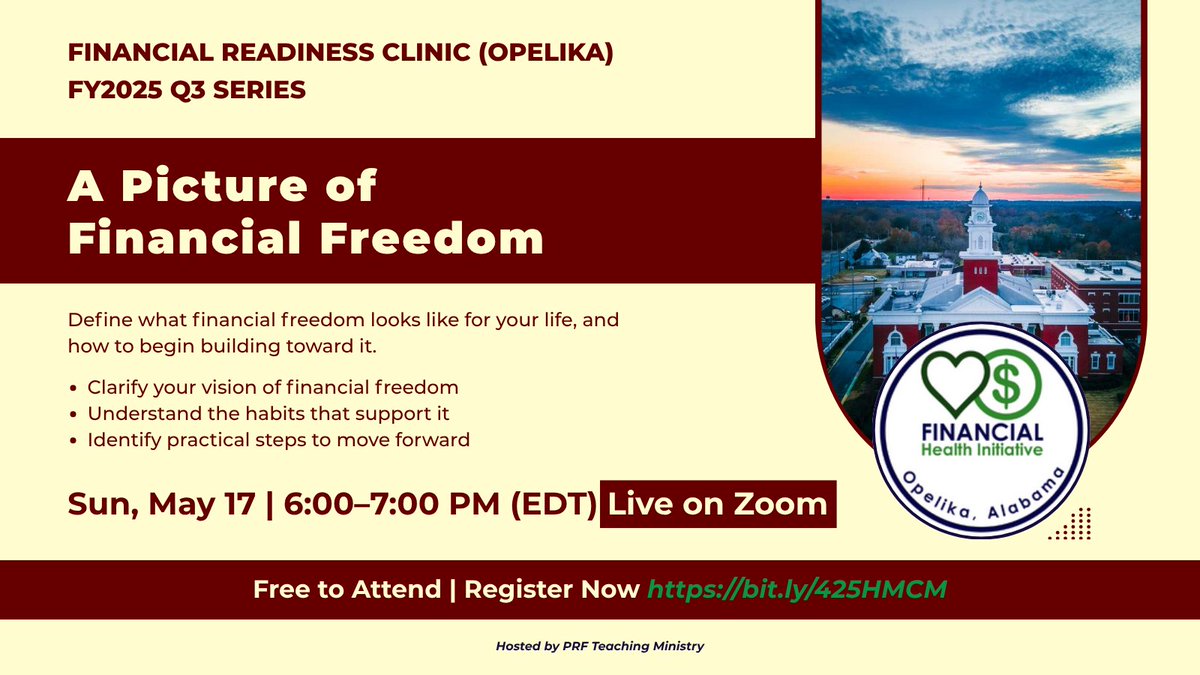 PRFInstitute's tweet photo. What does financial freedom actually look like for your life?

Join “A Picture of Financial Freedom” from the Financial Readiness Clinic (Opelika) series

📅 Sun, May 17
⏰ 6–7 PM EDT
💻 Live on Zoom
🎟 Free to attend

Register: https://t.co/PNpUhjXAaG

#FinancialFreedom #Opelika https://t.co/v7aNrggVfU