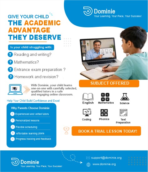 DominieOrg's tweet photo. 📚✨ Give Your Child the Academic Advantage They Deserve! ✨📚

Is your child struggling with: 

✅ Reading and Writing
✅ Mathematics
✅ Homework and Revision
✅ Phonics
✅ Science
✅ Coding
✅ Test and Entrance Exam Preparation https://t.co/KgksmoSNmA