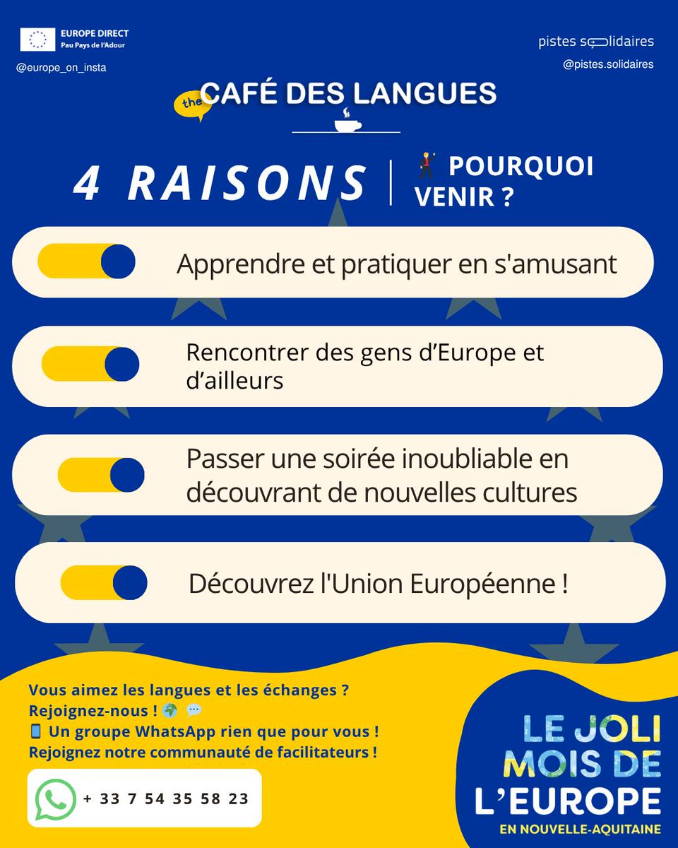 PauEuropeDirect's tweet photo. Participez à notre dernier Café des Langues de l’année 2025-2026 avant la pause estivale 😍 café qui s’inscrit dans le cadre de L'EUROPE S'INVITE – #JMEurope 🦋🇪🇺

Convaincus ? 🙂
Rendez-vous mardi 19 mai, comme toujours à partir de 19h30 au Au Bureau !
On vous attend nombreux ! https://t.co/x52zOBpbDd
