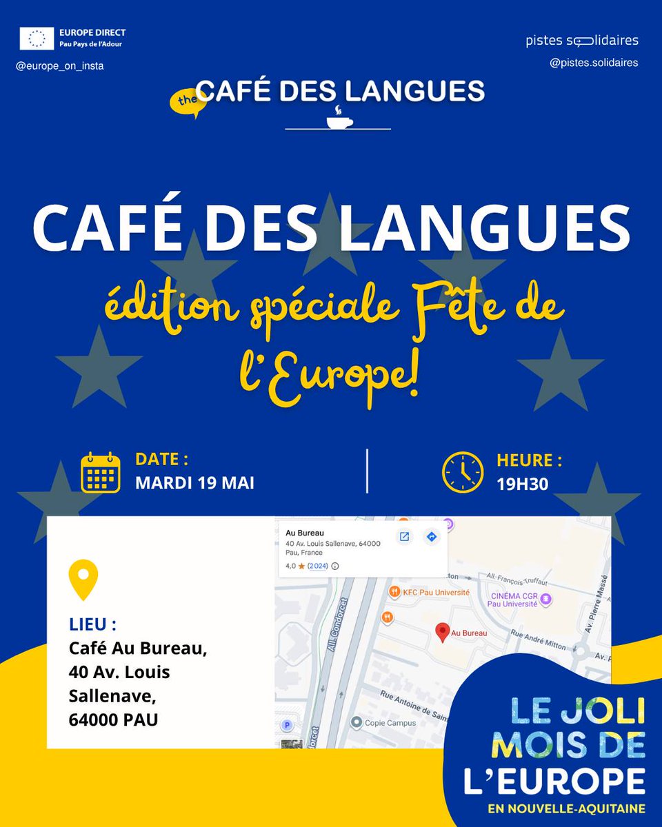 PauEuropeDirect's tweet photo. Participez à notre dernier Café des Langues de l’année 2025-2026 avant la pause estivale 😍 café qui s’inscrit dans le cadre de L'EUROPE S'INVITE – #JMEurope 🦋🇪🇺

Convaincus ? 🙂
Rendez-vous mardi 19 mai, comme toujours à partir de 19h30 au Au Bureau !
On vous attend nombreux ! https://t.co/x52zOBpbDd
