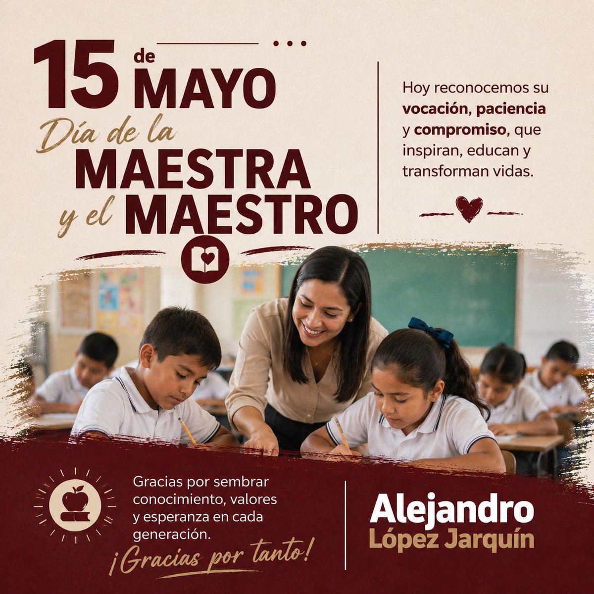 Alejandro_ALJ's tweet photo. Hoy reconocemos a quienes con vocación, paciencia y entrega transforman vidas desde las aulas. Gracias a todas las maestras y maestros por sembrar conocimiento, valores y esperanza en cada generación. Su labor deja huella en el presente y construye un mejor futuro. ¡Feliz Día! 📚 https://t.co/NqyigG2gib