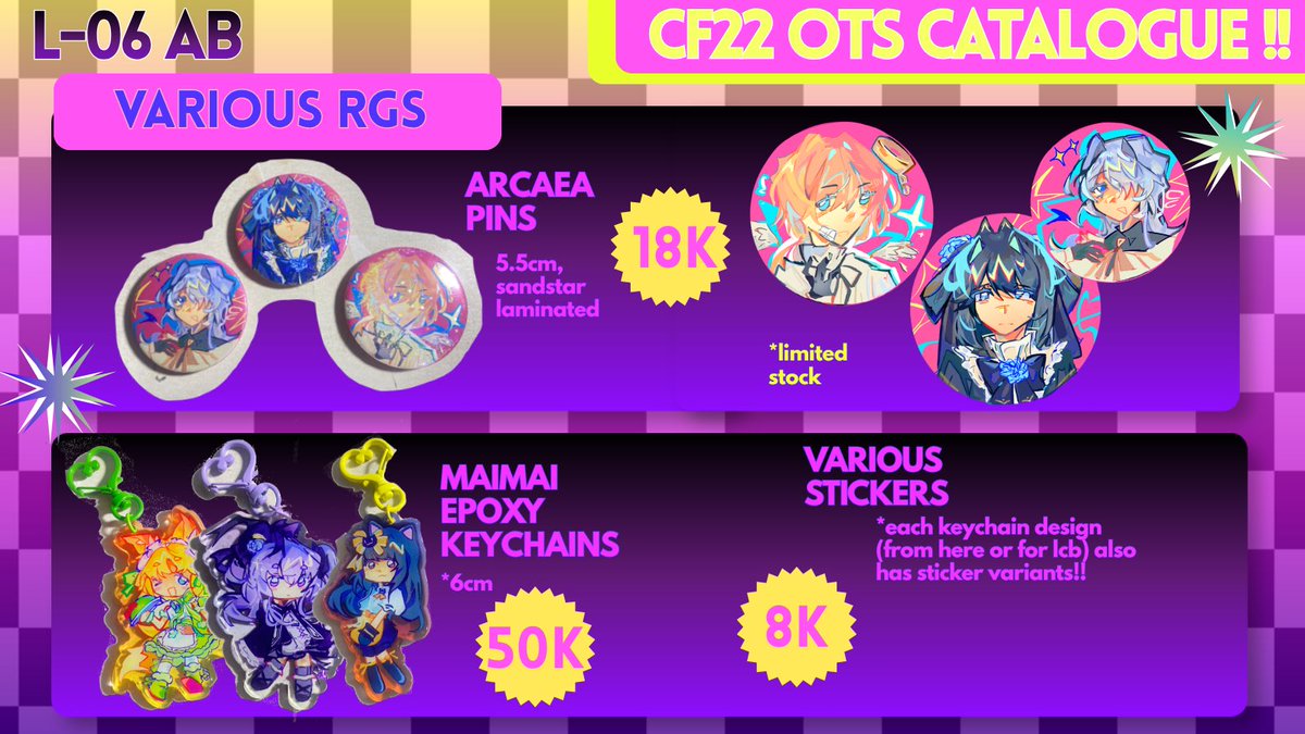 misanspaghe's tweet photo. Hi everyone! I've made an OTS catalogue for #CF22!!
L-06 AB - Caprae Observatory
DAY 1 ONLY - 16 May

additional tags:
#limbuscompany #arcaea_art #arcaea #maimai https://t.co/WTfQ3WdEF7
