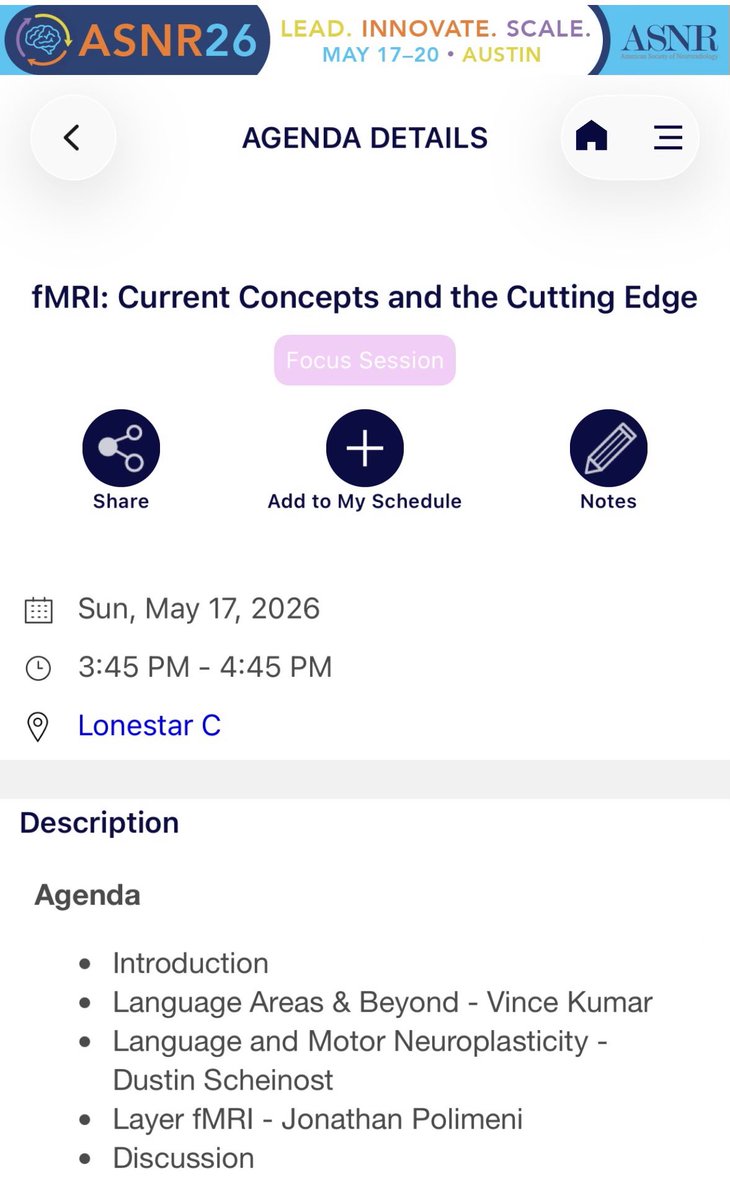 VinceKumarMD's tweet photo. Please join us for our ASNR-ASFNR fMRI session this Sunday afternoon in Austin! 🤠 #ASNR26 #ASFNR26 https://t.co/2ZnvB4yxiQ