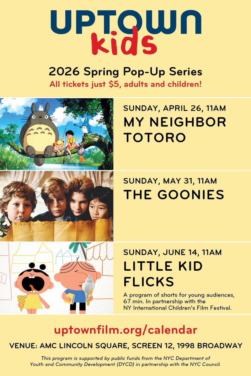 cabidnyc's tweet photo. @uptownfilmnyc has two more screenings coming up in their kids' series this spring: The Goonies on May 31 and a collection of shorts for young viewers on June 14. Both will take place at 11 AM at AMC Lincoln Square, buy your tickets (only $5!) now at https://t.co/ECwOxQ04nw. https://t.co/akQ2M5CeNW