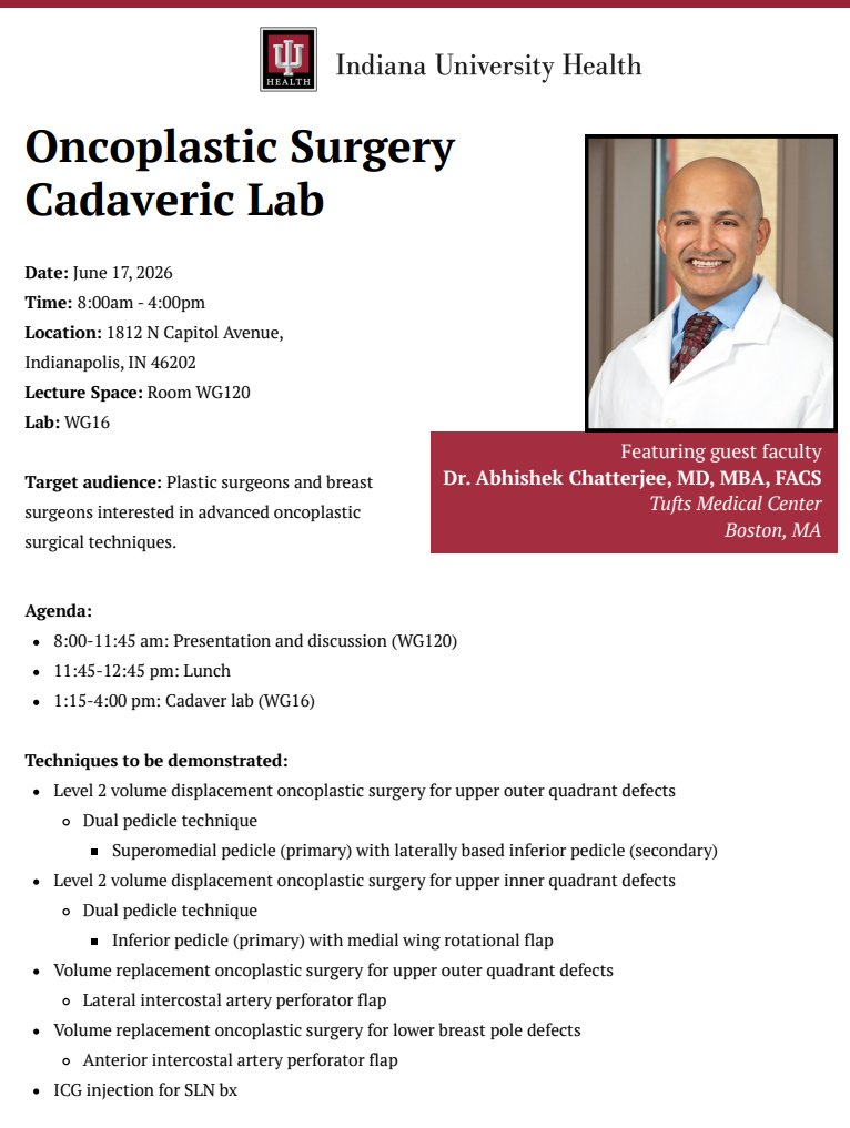 Chatterjeeonco1's tweet photo. Honored to be invited to give Grand Rounds for the Division of Plastic Surgery at Indiana University next month on advanced #oncoplasticsurgery techniques in breast cancer surgery. Looking forward to a lecture and cadaveric lab dissection with fellow colleagues and trainees! https://t.co/1uShfDSffv