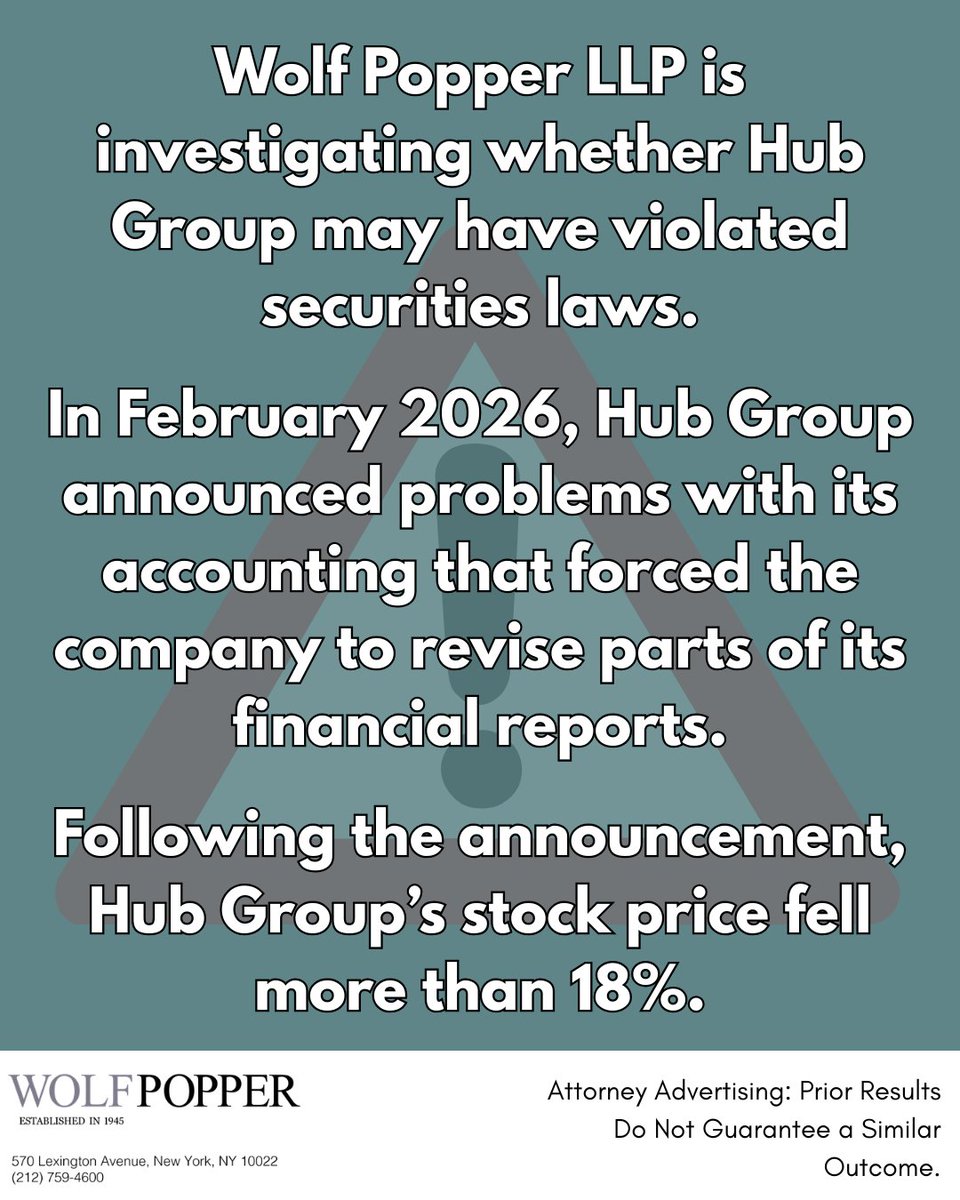 WolfPopperLLP's tweet photo. Investors who lost money on Hub Group, Inc. (NASDAQ: $HUBG) may have legal options.

We are investigating potential securities law violations involving the company’s accounting and financial reporting practices.

Email outreach@wolfpopper.com for a free review of your situation https://t.co/ScGqQJ9qm3