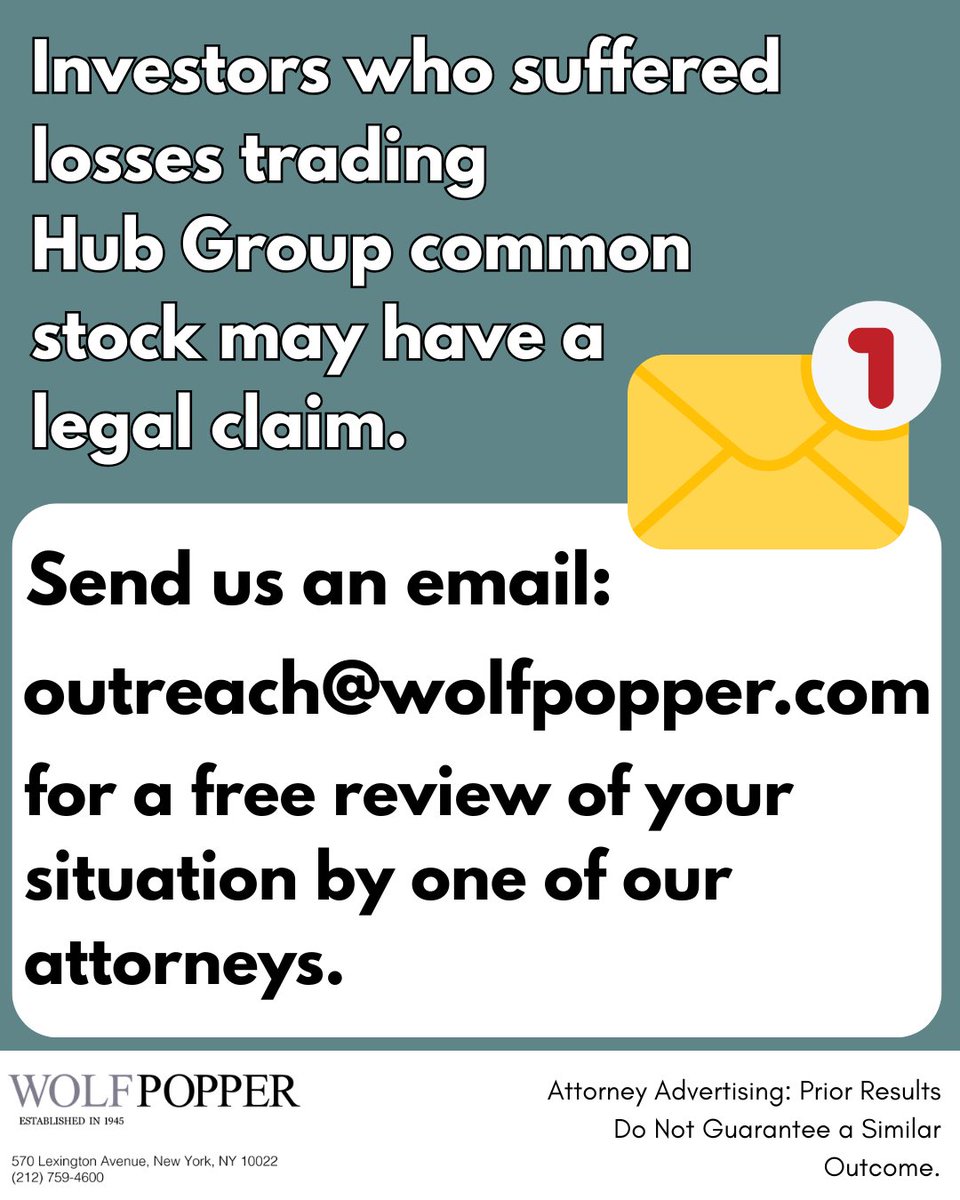 WolfPopperLLP's tweet photo. Investors who lost money on Hub Group, Inc. (NASDAQ: $HUBG) may have legal options.

We are investigating potential securities law violations involving the company’s accounting and financial reporting practices.

Email outreach@wolfpopper.com for a free review of your situation https://t.co/ScGqQJ9qm3