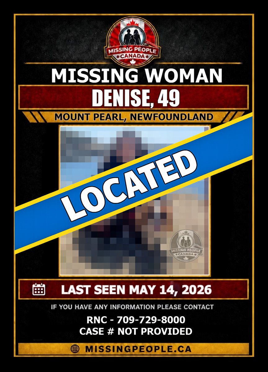 Missing_CA's tweet photo. LOCATED – DENISE
49-year-old Denise who was reported missing from Mount Pearl, Newfoundland, has been located.
Thank you to the community for your assistance.
#Located #Denise #MountPearl #Newfoundland #MissingPersonLocated #MissingPeopleCanada https://t.co/NSAZvl5hmZ