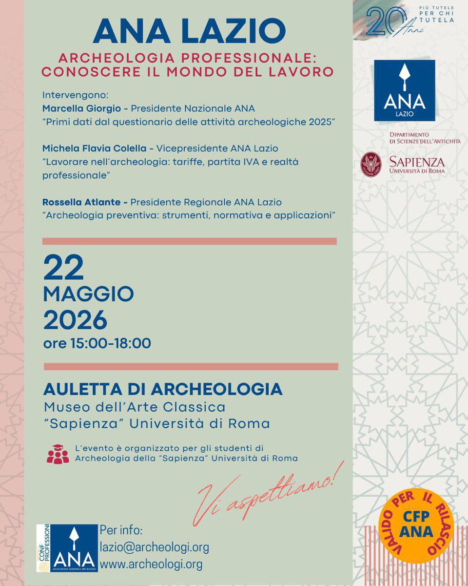 Archeologi's tweet photo. 🔵 Eventi regionali – ANA Lazio 🔵

"Archeologia professionale: conoscere il mondo del lavoro"

Venerdì 22 maggio ‘26
Dalle ore 15
Auletta di Archeologia, Museo dell’Arte Classica “Sapienza” Università di Roma
Per info su interventi e partecipanti 👇🏽

https://t.co/WLSC4ViqQB https://t.co/6Ef5C98c0Y