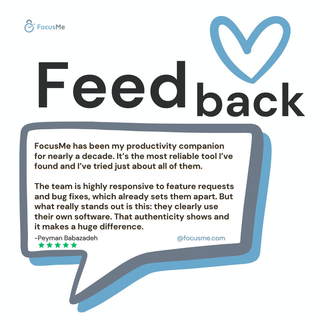 FocusMe's tweet photo. He tried every productivity app. This one lasted 10 years. 🔥“FocusMe has been my productivity companion for nearly a decade. It’s the most reliable tool I’ve found  and I’ve tried them all.” - Peyman Babazadeh https://t.co/Fqf0pBid4F