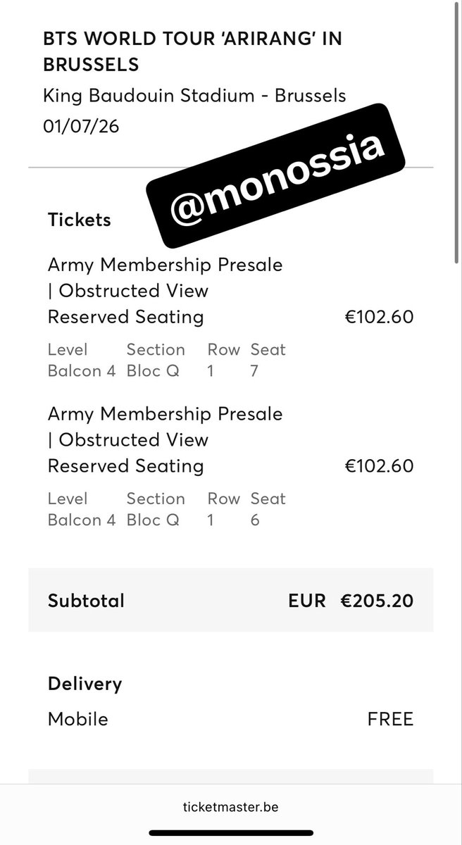 monossia's tweet photo. WTS | BTS ARIRANG TOUR EUROPE

🗓️ July 1, 2026 (Day 1)
📍 Brussels
🎫 2x Tribune 4Q - Row 1 Seat 6,7
💶 €102.60 each (excl. any fee for PayPal or exchange)

Will transfer via official Ticketmaster account. Only genuine OT7 amis DM me.

@875tickets 

#BTS_WorldTour_Arirang https://t.co/YoajShYPKC