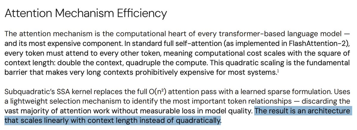 brandonjcarl's tweet photo. Yesterday I published a short video explaining why we are in an AI infrastructure bubble.

I want to point out that the work from @subquadratic is one potential breakthrough of the type I am referring to. This would materially decrease memory needed for constant demand and impact $MU.

@AppenResearch has done an initial validation of their results. The key sentence is "The result is an architecture that scales linearly with context length instead of quadratically."

We are still pending further validations. If the results continue to be shown to be true, this is the "worst" that it will ever be. The techniques will be incorporated into models and built upon.