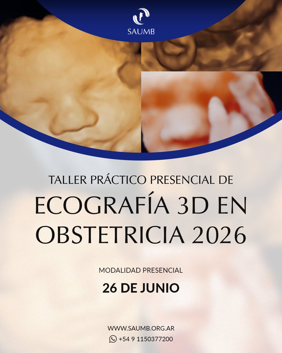 saumb's tweet photo. La ecografía 3D en obstetricia es una herramienta clave para optimizar el diagnóstico y la evaluación fetal.

🗓️ Inscripción 12/05/2026 al 26/06/2026
⏰Se cursa el viernes 26 de junio de 9:00 a 16:00 hs.

Más info e inscripción en https://t.co/zz8OWGpxd6

#SAUMB  #Ecografía3D https://t.co/KPKEVaUpZE