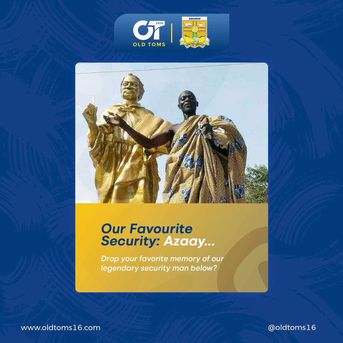oldtoms2016's tweet photo. One is a statue, the other was the ultimate guardian of our SHS days.
Whether you were negotiating an exeat or dodging a late slip, we all have a story!
Old Toms, drop your favorite memory of our legendary security man below! π
#OldToms16 #Aquinas #Beeb3 #Godisanoldtom #OT16 https://t.co/MffnBE2P8J