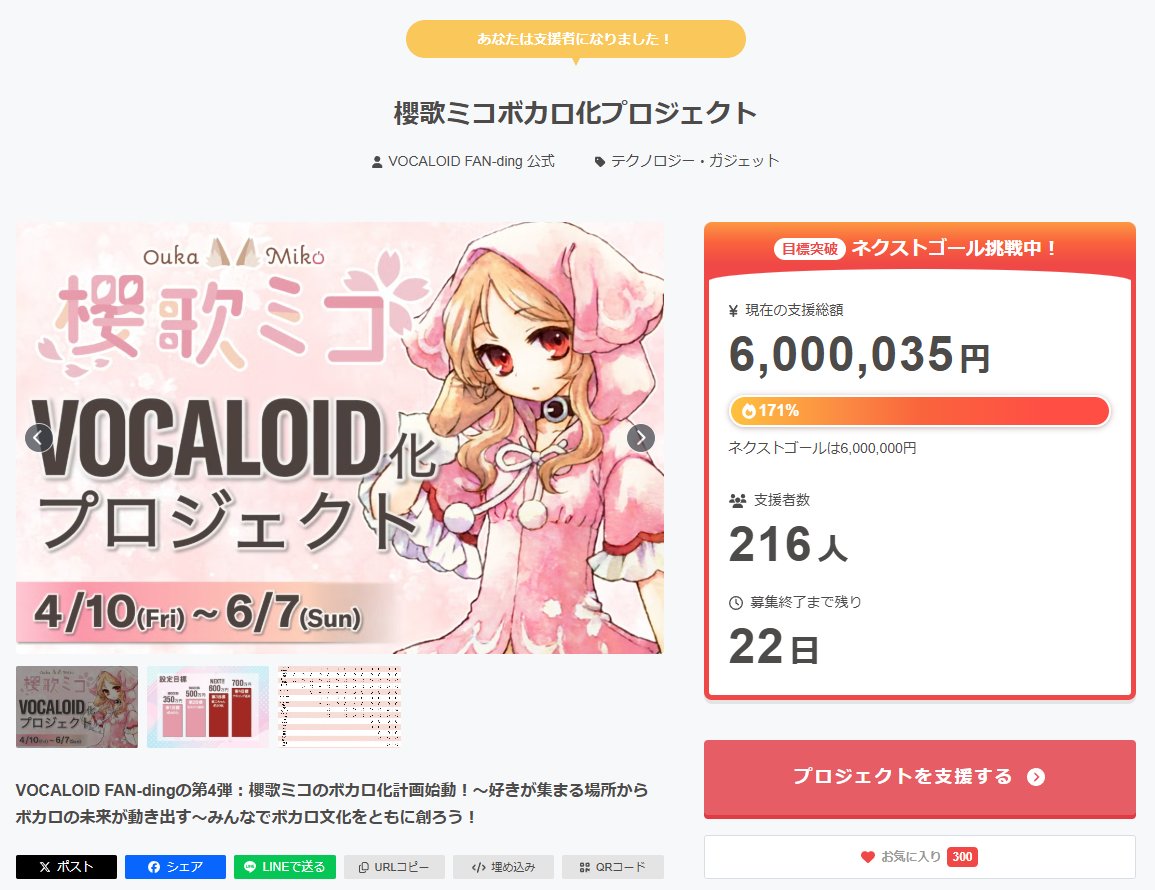633B's tweet photo. 600万！！第二ちゃん！！！

櫻歌ミコボカロ化プロジェクト - クラウドファンディングCAMPFIRE https://t.co/gmbK7CZaWk #クラウドファンディングCAMPFIRE @vocaloid_yamahaより https://t.co/vcKGmSiC4C