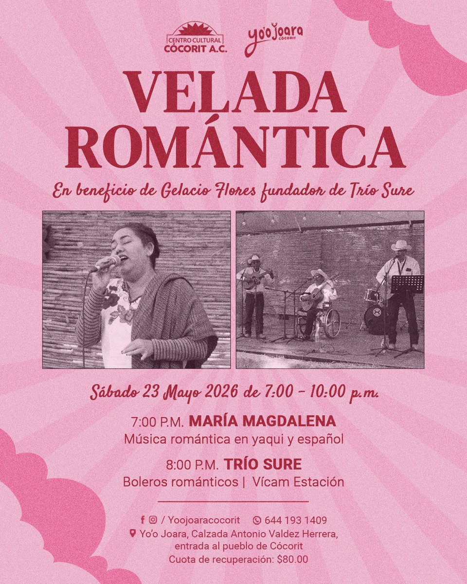 YooJoaraCocorit's tweet photo. Vive una velada romántica especial junto al Trío Sure y la cantante yaqui María Magdalena.
Evento a beneficio de Gelacio Flores, músico de gran trayectoria y legado cultural en nuestra región.
Te esperamos este sábado 23 de mayo
Cómo llegar: https://t.co/QE6JUgrHfh https://t.co/wPZtjANp2z