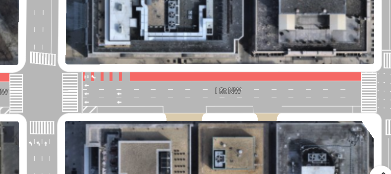 whiteknuckled's tweet photo. @DDOTDC Existing vs proposed for that 1400 block of Eye Street in the background above. (Red paint coming back as it was to the end of the 1300 block next to Franklin  Park in both lanes) https://t.co/DBdErvdn45