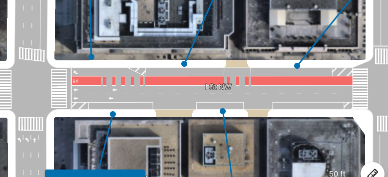 whiteknuckled's tweet photo. @DDOTDC Existing vs proposed for that 1400 block of Eye Street in the background above. (Red paint coming back as it was to the end of the 1300 block next to Franklin  Park in both lanes) https://t.co/DBdErvdn45