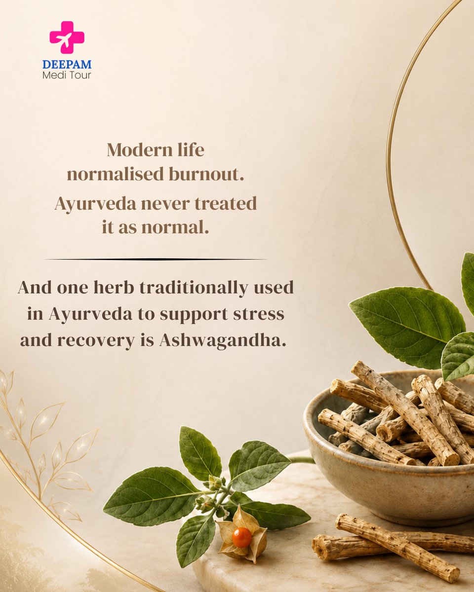 Deepammeditour's tweet photo. Part 1 

Modern life has made stress feel normal — but constantly feeling drained was never meant to be a lifestyle. Ayurveda has always viewed wellness as a balance between rest  and the body’s ability to cope with everyday stress over time.
#Ashwagandha  #DeepamMeditour https://t.co/ccVNZMncmd