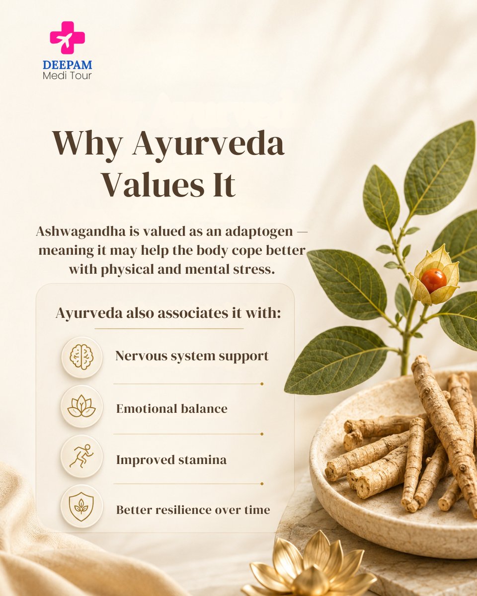 Deepammeditour's tweet photo. Part 1 

Modern life has made stress feel normal — but constantly feeling drained was never meant to be a lifestyle. Ayurveda has always viewed wellness as a balance between rest  and the body’s ability to cope with everyday stress over time.
#Ashwagandha  #DeepamMeditour https://t.co/ccVNZMncmd
