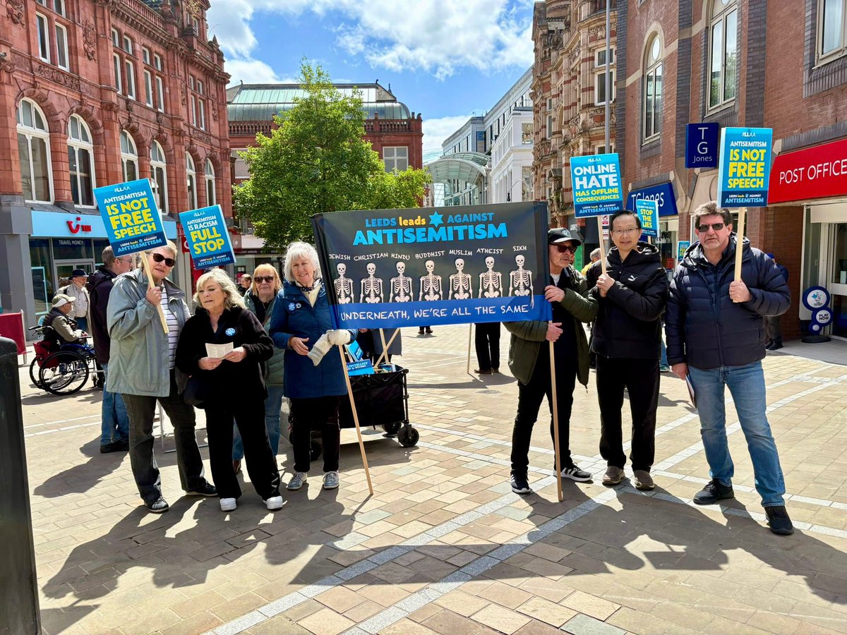 LeedsLeadsAA's tweet photo. Community Action – Leeds City Centre 

A slightly quieter afternoon for conversations this week but what stood out was how many people, even those who didn’t necessarily take a leaflet, stopped to say they supported what we are doing and were deeply concerned by recent events.

One elderly couple repeatedly asked why antisemitism keeps increasing despite constant statements from leaders saying it is “unacceptable.” Their feeling was simple: speeches alone do not stop hatred, there also needs to be a real change in attitudes across society.

We also spoke to a lovely Catholic gentleman called Peter who warmly expressed his support, happily took leaflets, and encouraged us to keep up our visible presence and witness in the city.

Although there were fewer long conversations than usual, the overall atmosphere was thoughtful, sympathetic and encouraging. It really does feel as though more people are beginning to recognise the seriousness of what Jewish communities are facing.

Most importantly, we are so grateful for our ever expanding group of volunteers. Week after week people continue to give their time, energy, kindness and courage to stand with us in the city centre and we truly couldn’t do it without every single one of you 💙

Proud to continue standing together with Leeds Leads Against Antisemitism!

#LeedsLeadsAgainstAntisemitism #LeedsCommunity #StandingTogether #EducationNotHate