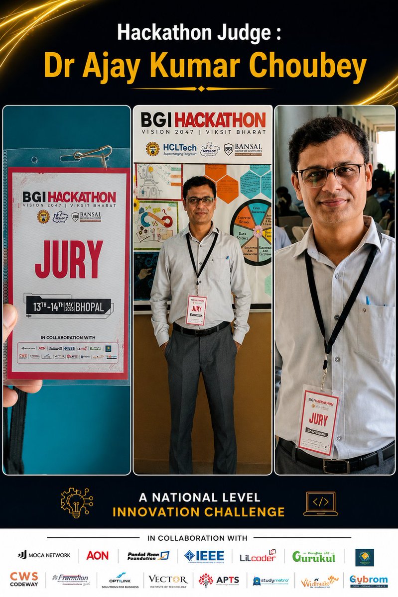 ajay241's tweet photo. Hackathon Judge Invitation:
Honored to receive an invitation as a Judge at the 13–14 Bhopal BGI Hackathon. It was a wonderful experience to see young participants showcasing innovative problem-solving ideas based on advanced technologies.
#Hackathon #Innovation #ajaykumarchoubey https://t.co/dqMjTfldWZ