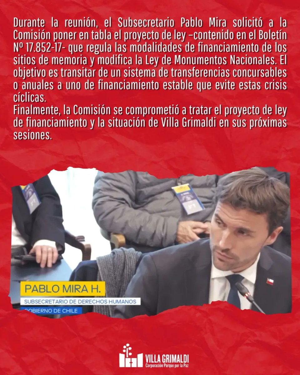 villa_grimaldi's tweet photo. COMISIÓN DE DDHH OFICIARÁ A CONTRALORÍA PARA ACELERAR TRASPASO DE RECURSOS A VILLA GRIMALDI https://t.co/2N0wMiBz5X