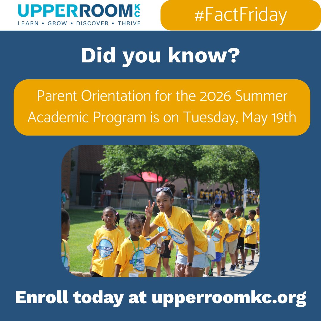 UpperRoomKC's tweet photo. 📚 #FactFriday 📚 

Parent Orientation will be on Tuesday, May 19th, and goes from 6:00 PM - 7:30 PM at the Kansas City Public Library - Plaza Branch (4801 Main St, Kansas City, MO 64112)

You still have time to enroll, but enrollment closes soon! https://t.co/qFOrEMDp5P https://t.co/Pw01PWG5ag