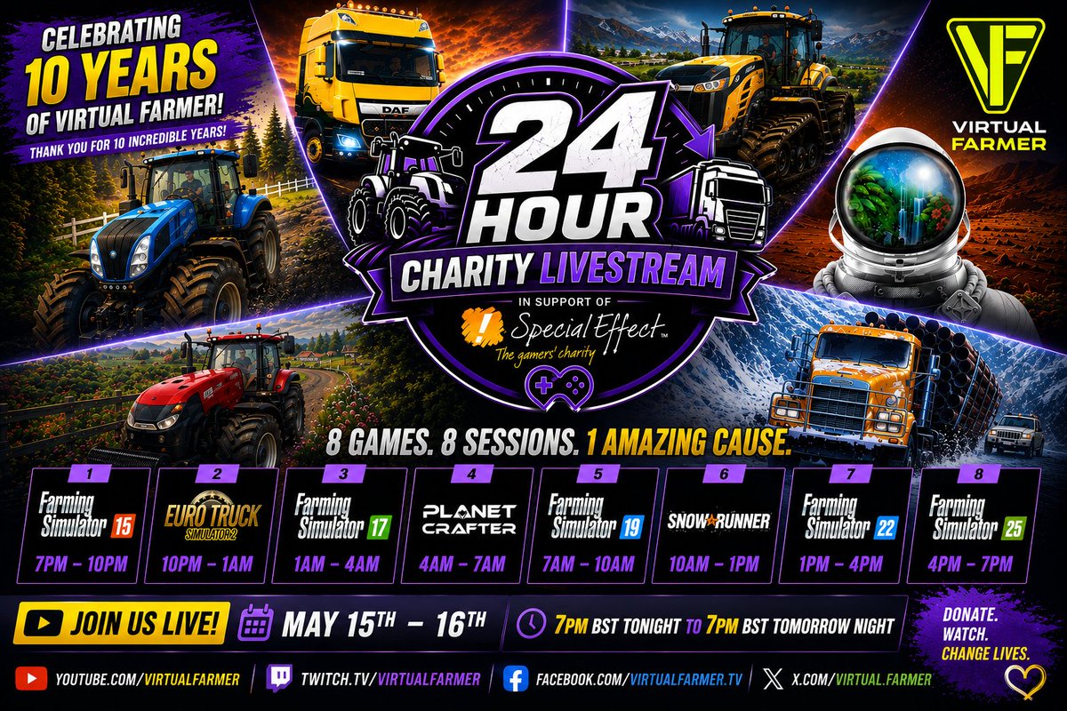 Virtual_Farmer's tweet photo. 🚨 24 HOUR CHARITY STREAM STARTS TONIGHT! 🚨

Celebrating 10 years of Virtual Farmer with 24 hours live for @SpecialEffect 

🚜 8 Games
🎮 8 Sessions
🕖 7PM tonight → 7PM tomorrow
📺 YouTube &amp; https://t.co/9fkqiwEtGt
💜 Donate: https://t.co/bDmlOiO0Ml

#24HourLivestream https://t.co/iYnOXAH8qo