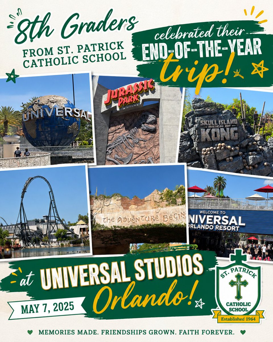StPatrickJax's tweet photo. Our 8th grade students celebrated their time with us coming to a close with a field trip to Universal Studios Orlando. Special thanks to Mrs. Parker for coordinating the trip, and for all the parent and teacher chaperones who made the day so great for our students. https://t.co/xeDEn7MoE1