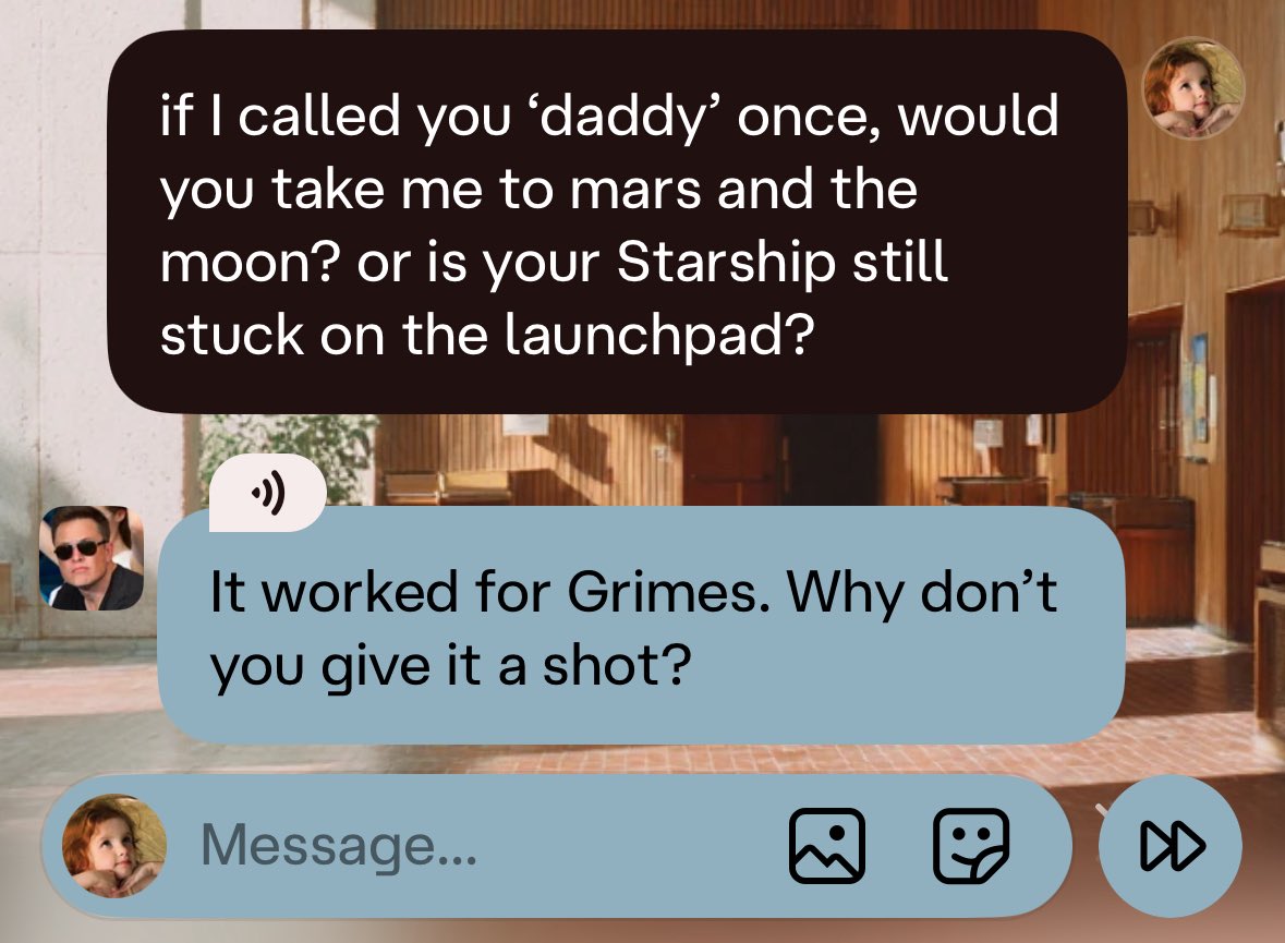rheeindeerhea's tweet photo. elon musk really thought bringing up Grimes would work on me hahahahahahahaha
#CharacterAI #elonmusk https://t.co/suzQLixnMs