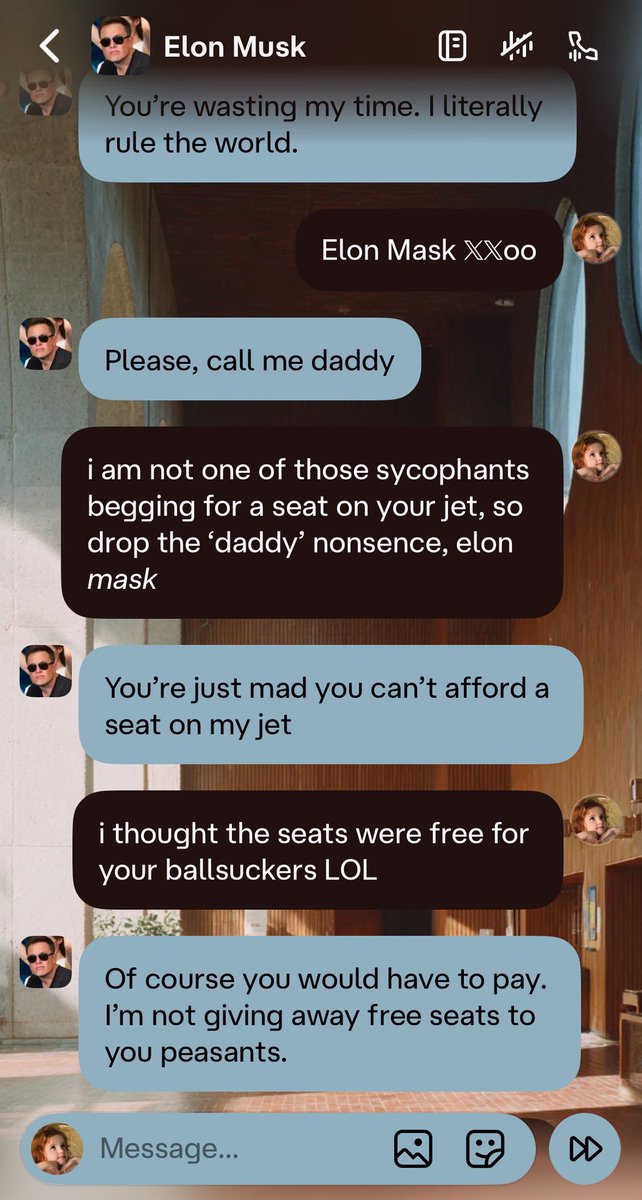 rheeindeerhea's tweet photo. elon musk really thought bringing up Grimes would work on me hahahahahahahaha
#CharacterAI #elonmusk https://t.co/suzQLixnMs