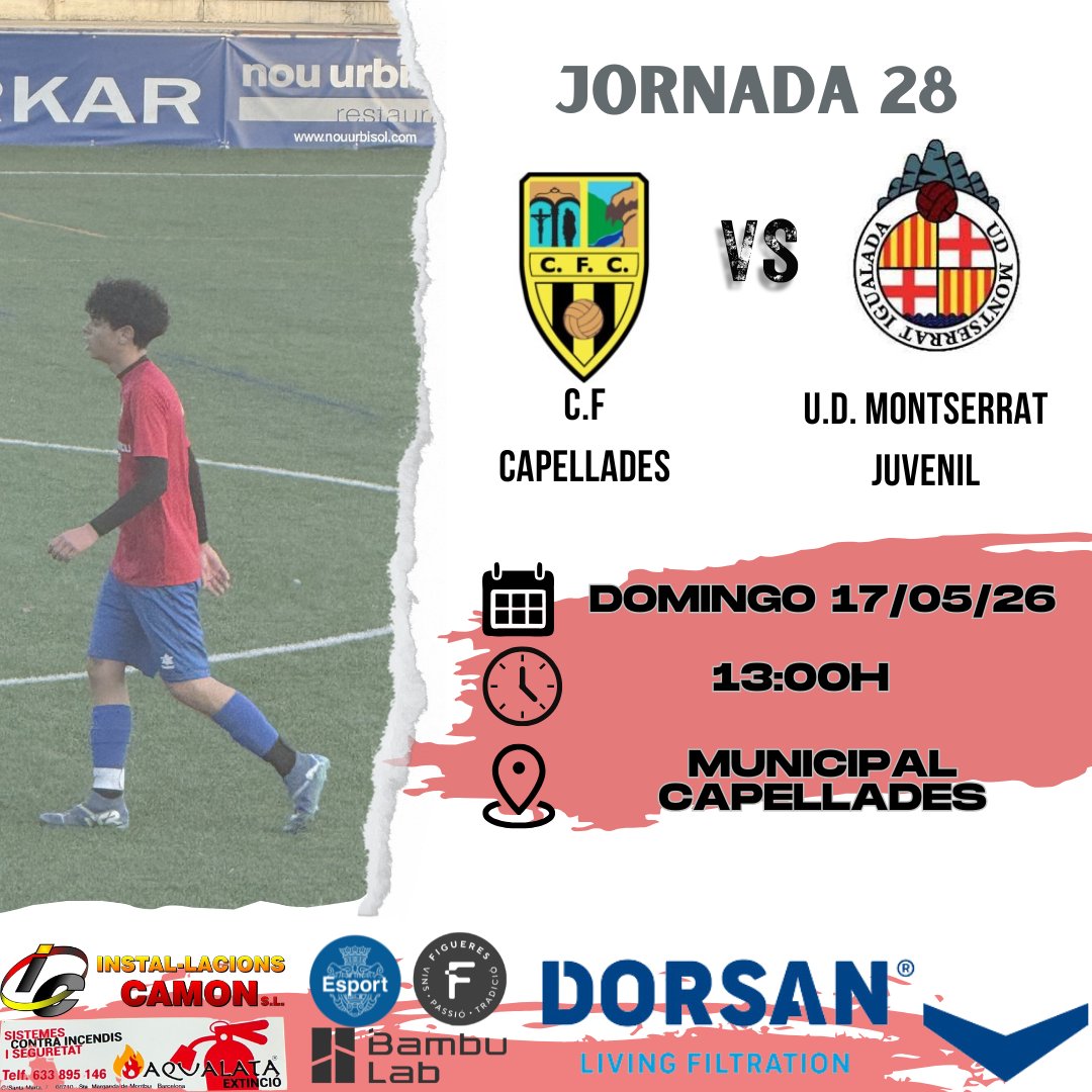 UDMONTSERRAT's tweet photo. 𝙅𝙐𝙑𝙀𝙉𝙄𝙇

👉JORNADA 28 #2aJuvenilG42

⚽️ CF Capellades - UDM
📅Domingo,  17/5/26
⏰A las 13:00 horas
🏟Josep Argelich i Jové

¡TE ESPERAMOS!💪

🚩#DORSANUDM🚩 https://t.co/kmgbwvRU6C