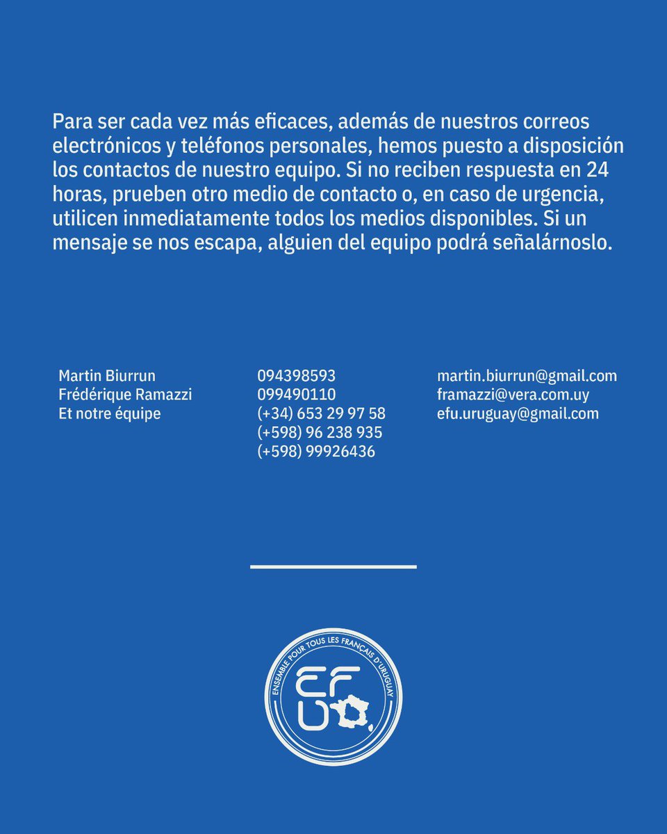 mbiurrun's tweet photo. 🇫🇷🗳️ ¡Este mes de mayo se celebran las elecciones de los Consejeros de los Franceses en el Extranjero!

Los invitamos a renovar vuestra confianza en nuestro equipo, presente en las comisiones consulares desde 2011 y elegido desde 2014 en el Consejo Consular, desde 2021 en la Asamblea de los Franceses en el Extranjero y desde 2022 en el consejo de administración de la AEFE.

Descubran aquí nuestros logros, nuestras propuestas y también los ámbitos en los que queremos redoblar esfuerzos para seguir representándolos y defendiendo vuestros intereses.

📍 Voto presencial el 30 de mayo en la Embajada de Francia en Montevideo 
💻 Voto por internet del 22 al 26 de mayo inclusive 
⏰ El portal web cerrará el 27 de mayo a las 7 h (hora de Montevideo.