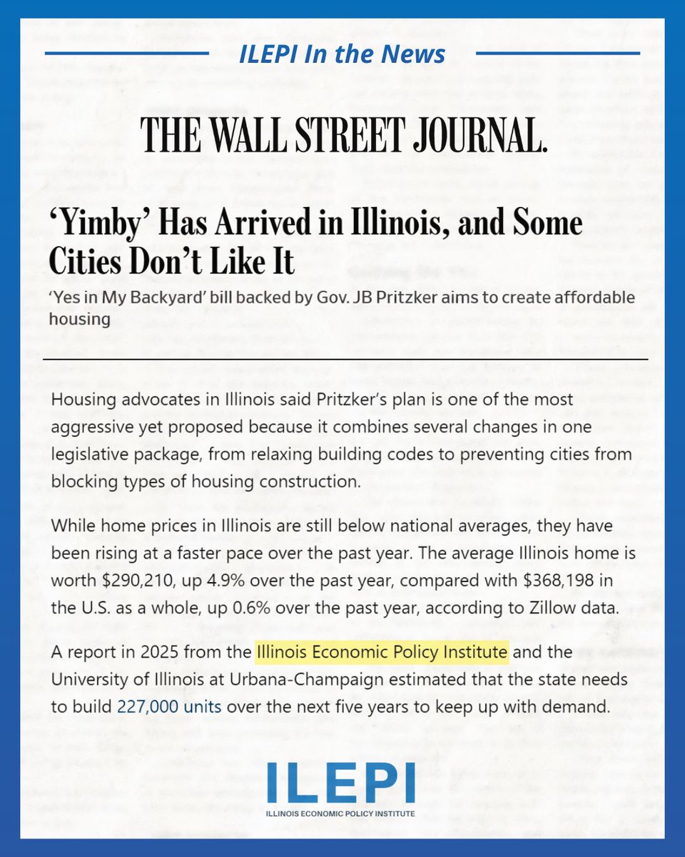 IllinoisEPI's tweet photo. ILEPI’s 2025 study on Illinois’ housing shortage was cited by the Wall Street Journal in coverage of Governor Pritzker’s proposal to streamline local zoning regulations and expand multi-unit housing development. 
 
Read the article: https://t.co/EVJpGIHuZ6 https://t.co/8KQMltFwDQ