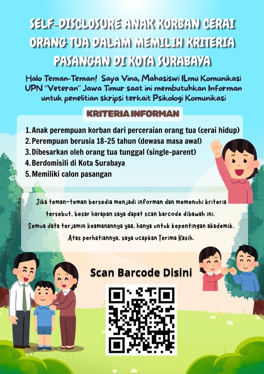 nameeraappstore's tweet photo. 📌LOOKING FOR INFORMAN!!

1.Anak perempuan korban dari perceraian orang tua 
2. Dibesarkan oleh orang tua tunggal (single-parent)
3. Berdomisili di Kota Surabaya
4. Memiliki calon pasangan 

FREE E-WALLET (Bagi yg beruntung)

Link Kuesioner: https://t.co/cjMYbV4dce https://t.co/iMvz3CzSLS